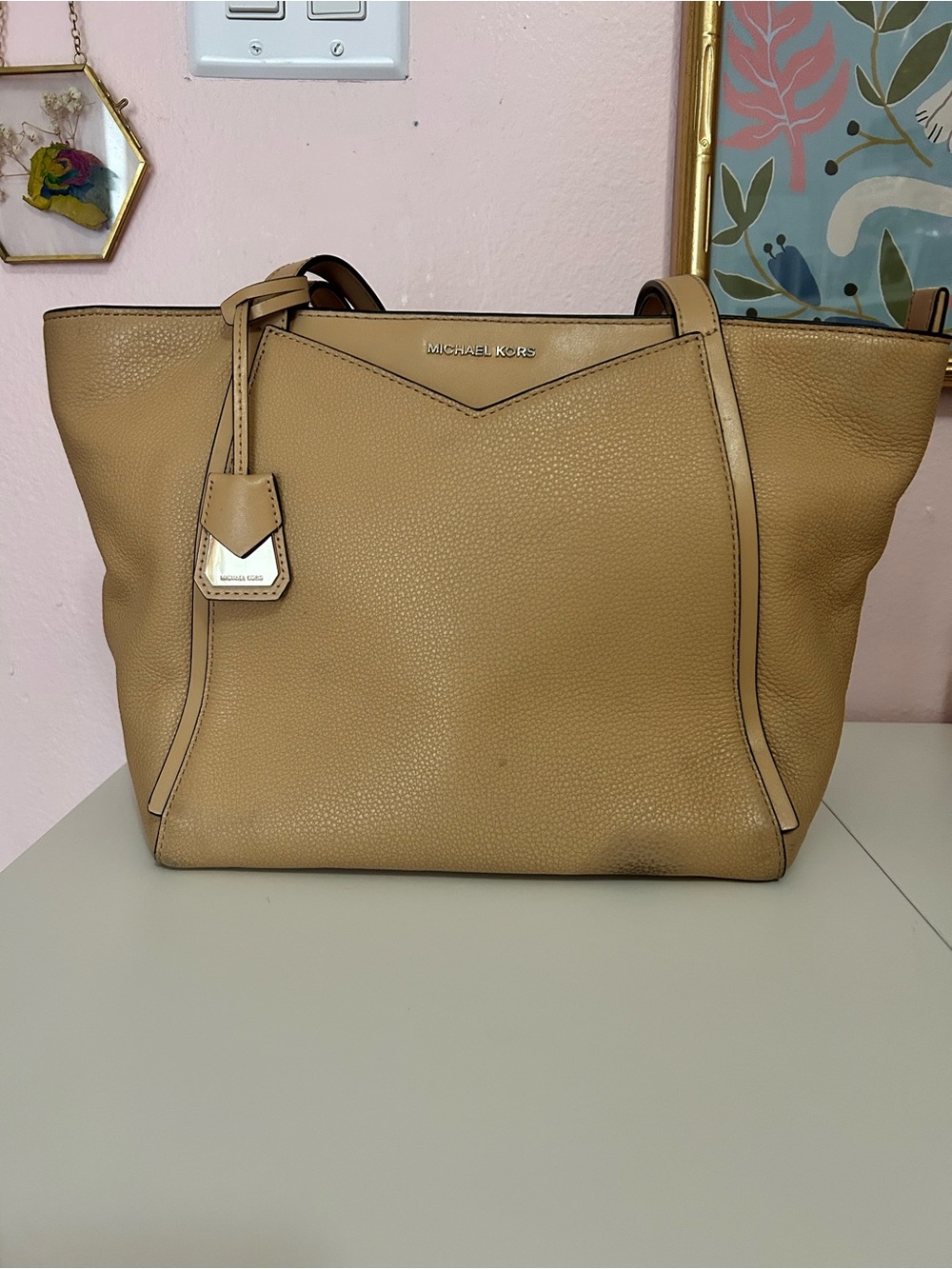 Michael Kors Beige Pebble Leather Tote with Charm